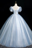 Short Sleeve A Line Appliques Blue Tulle Prom Dress