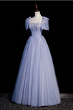 Puffy Sleeves A Line Sweetheart Tulle Blue Prom Dress