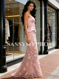 Pink Strapless Satin Lace Sheath Column Prom Dress