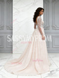 Champagne Tulle Long Sleeves V Neck Beading A Line Wedding Dress