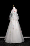 Tulle Sequins Long White Floral A Line Prom Dress