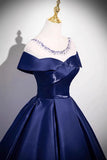 Long Scoop Beading A Line Navy Satin Prom Dress