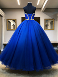 Tulle Royal Blue Strapless Crystal Polka Dot Sweetheart Ball Prom Dress