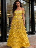 Feather Yellow A Line Off The Shoulder Sparkle Prom Dress