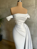 Off The Shoulder Satin Mermaid Champagne Draped Train Prom Dress