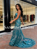 Trumpet Mermaid Sequin Green V Neck Floral Prom Dress