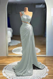 One Shoulder Satin Pleats Crystal Waist Brown Prom Dress