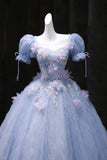 Tulle Square Sequin Puffy Sleeve Blue A Line Prom Dress