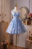Short A-Line Spaghetti Strap Blue Tulle Homecoming Dress