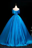 Satin Off The Shoulder Blue A Line Ruched Prom Dress