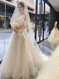 Long Sleeve Sheer Lace Beige A Line Wedding Dress