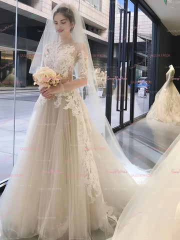 Long Sleeve Sheer Lace Beige A Line Wedding Dress US8 / As the picture Long Sleeve Sheer Lace Beige A Line Wedding Dress US8 / As the picture