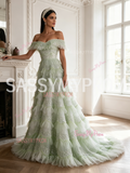 Tulle Sequin Off The Shoulder Light Green A Line Prom Dress
