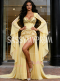 Sweetheart Chiffon Beading Long Sleeve Yellow Prom Dress With Slit