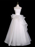 White Strapless Ruched Ruffles A Line Organza Wedding Dress