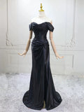 Off The Shoulder Satin Black Mermaid Ruched Prom Dress