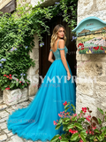 Spaghetti Straps Chiffon Blue Cold Shoulder Beading Prom Dress