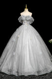Butterfly A Line Off The Shoulder Gray Tulle Sequins Prom Dress