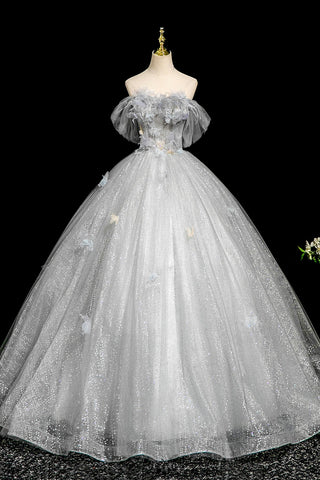Butterfly A Line Off The Shoulder Gray Tulle Sequins Prom Dress