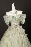 A Line Green Floral Tulle Off The Shoulder Prom Dress