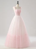 Spaghetti Strap Tulle Sequin Pink A Line Prom Dress