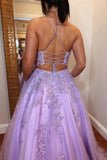 Appliques Spaghetti Straps Lavender Tulle Prom Dress With Pockets