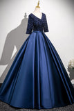 Satin Sequins Half Sleeves Long Navy Prom Dress