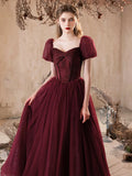 Sparkle Tulle A-Line Short Sleeve Burgundy Prom Dress