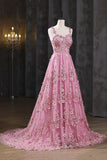 A-Line Spaghetti Straps Pink Applique Tulle Prom Dress
