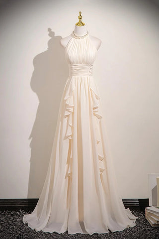 Halter Ruffles A Line Chiffon Champagne Prom Dress