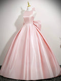 A Line Pink Satin Bow Backless Pearls Scoop Prom Dress