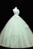 Tull Applique Ball Gown Green Strapless Prom Dress