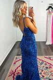Blue Sequins Sweetheart Backless Prom Dress With Slit