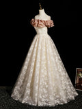 Off Shoulder Tulle Print A Line Champagne Prom Dress