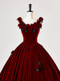 Flower Burgundy A-Line Velvet Long Prom Dress