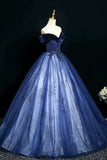 Blue Velvet Off The Shoulder Beading Tulle Prom Dress