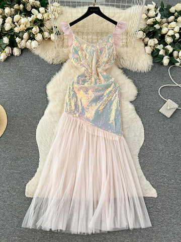 Pink Tulle Skirt Overlay Holographic Sequin Dress