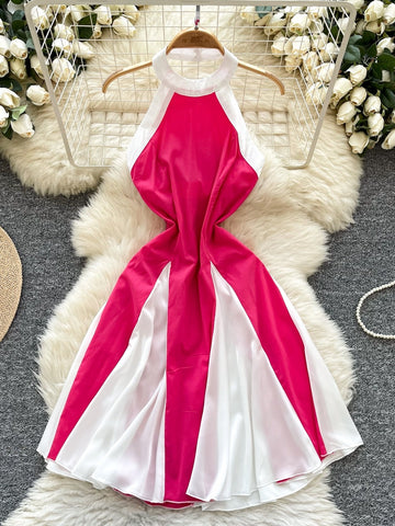 Eye catching Pink White Stripes Halter Dress