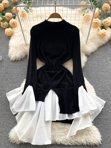 Contrasting White Ruffles  Black Knit Dress