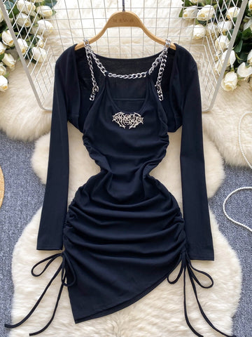 Versatile Metal Straps Black Dress