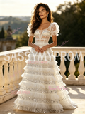 Puffy Sleeve White Sequin A Line Sweetheart Princess Prom Dress