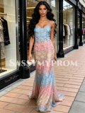 Spaghetti Straps Trumpet Mermaid Lace Colorful Prom Dress