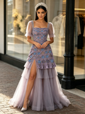 Square Short Sleeve Beading Tulle Purple Prom Dress