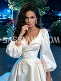 Long Sleeve Satin Button A Line Sweetheart Wedding Dress With Slit