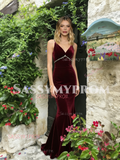 Spaghetti Straps Burgundy Velvet Trumpet Mermaid Prom Dress