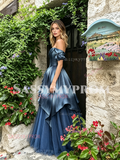Off The Shoulder Tulle Blue A Line Prom Dress
