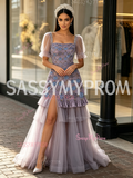 Square Short Sleeve Beading Tulle Purple Prom Dress