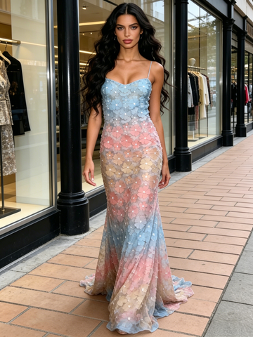 Spaghetti Straps Trumpet Mermaid Lace Colorful Prom Dress