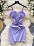 Black Feather Ruched Lavender Party Dress