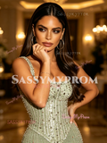 Beading Trumpet Mermaid Sparkle Straps Green Prom Dress